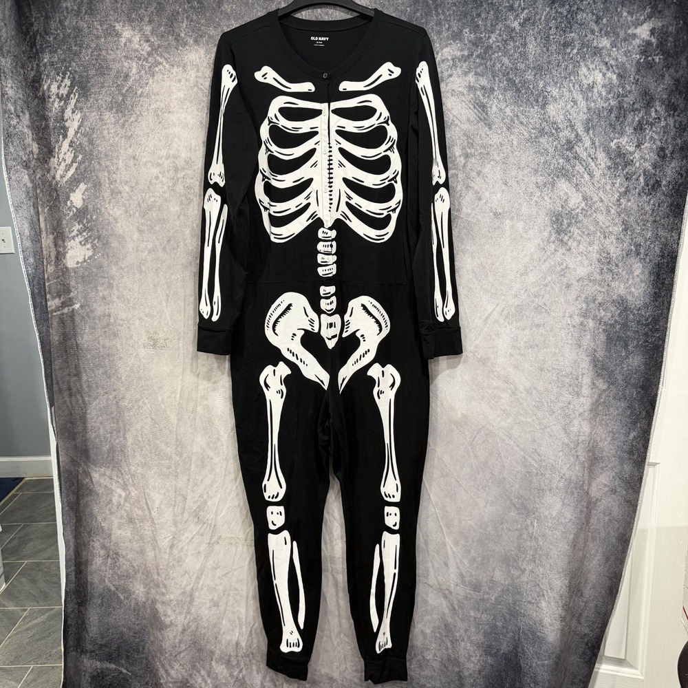Old Navy XL Tall Skeleton One Piece Pajama Union Suit Black Halloween Costume